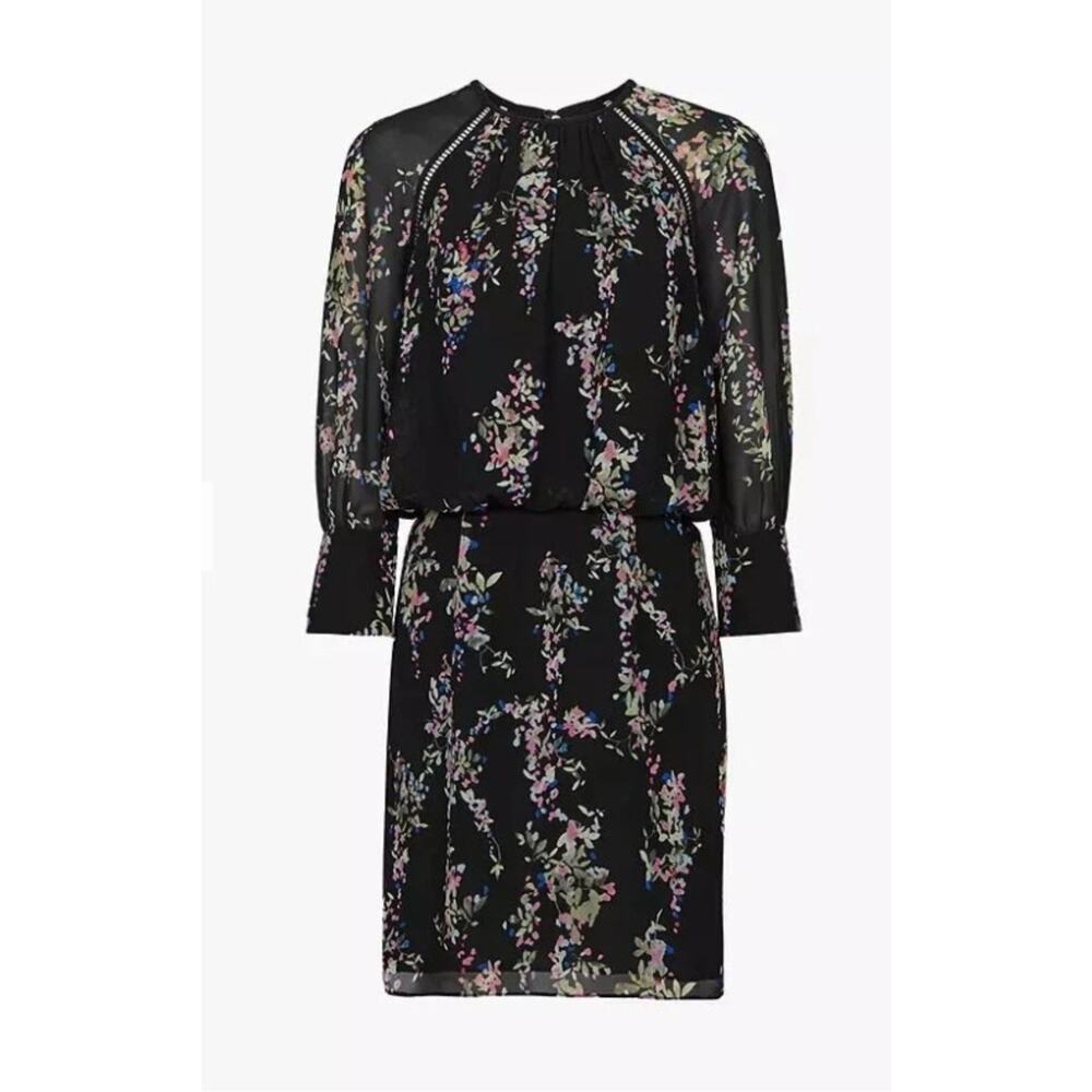 Reiss Roma Floral Dress US 8 Black Long Sleeve Sheer Shift Mini Lace Trim - Picture 5 of 16